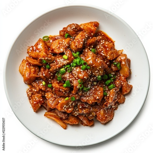 A plate of spicy pork bulgogi with kimchi, isolated white background, hyperrealism art style photo