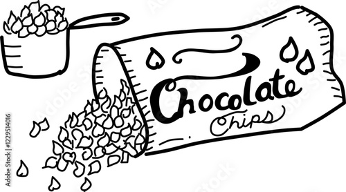 Hand-drawn bag of chocolate chips vector doodle. Simply chocolate!