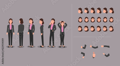 A business woman character design model sheet with different poses and expressions. Vector illustration