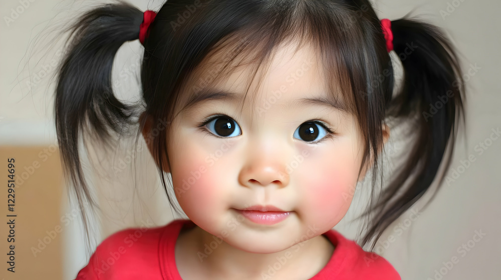Adorable Toddler with Pigtails and Rosy Cheeks Smiles Sweetly at the Camera in a Red Shirt Adorable Toddler with Pigtails and Rosy Cheeks Smiles Sweetly at the Camera in a Red Shirt