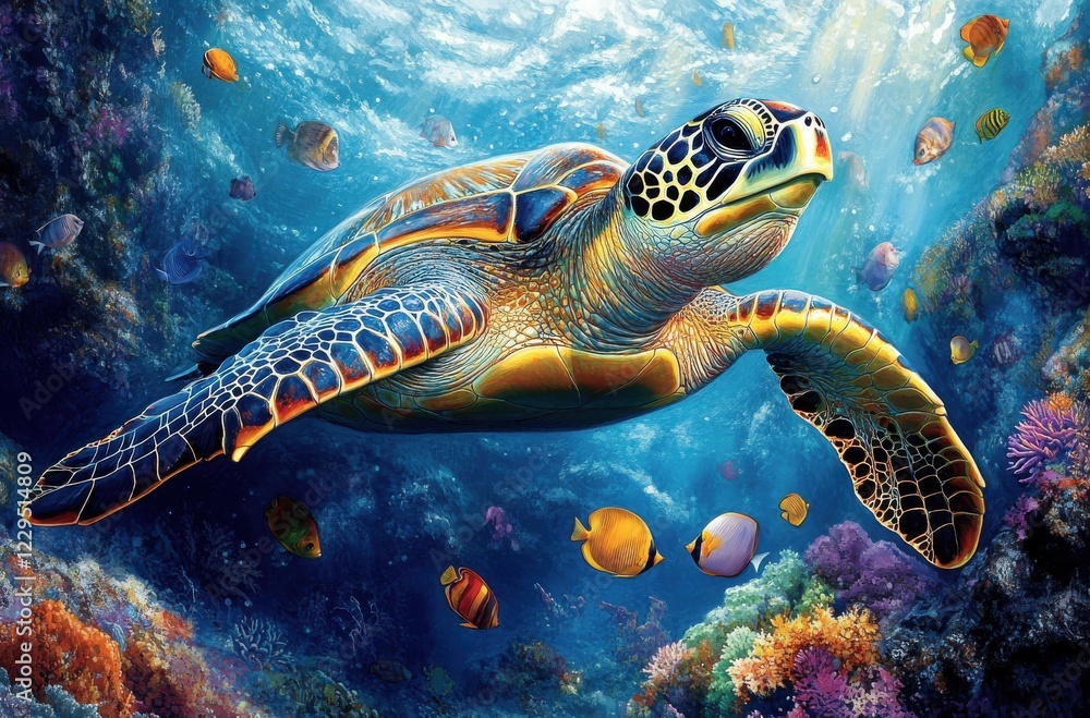 Fototapeta premium Majestic Sea Turtle Gracefully Swimming Through Vibrant Coral Reef Surrounded by Colorful Tropical Fish in Clear Blue Ocean Waters