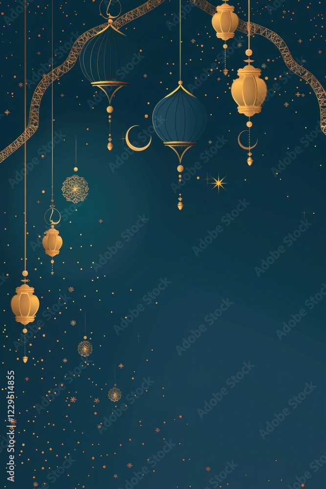 Fototapeta premium Navy Ramadan lantern border with crescent