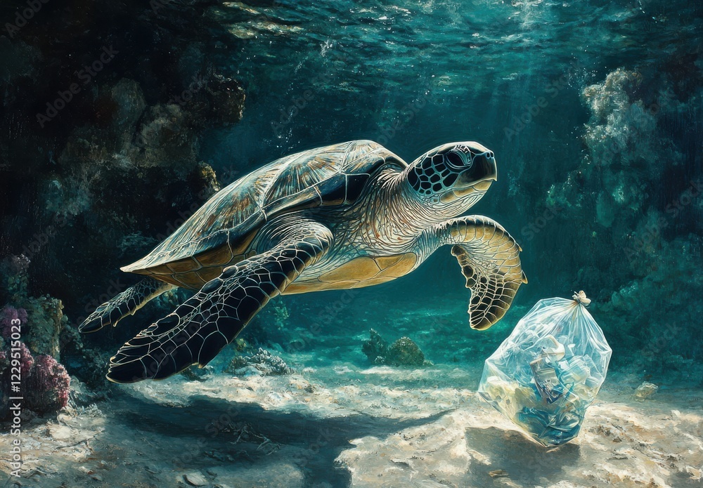 Obraz premium Majestic Sea Turtle Navigating Underwater with Plastic Trash in Marine Habitat, Highlighting Ocean Pollution and Wildlife Impact, Conservation Awareness