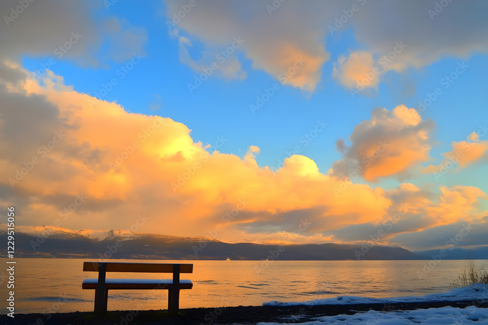 Serene Bench Overlooks Tranquil Lake with Golden Sunset Clouds and Snowy Shoreline Serene Bench Overlooks Tranquil Lake with Golden Sunset Clouds and Snowy Shoreline