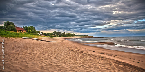 Sandy beach meets rolling waves under a dramatic cloudy sky with a cozy house nestled nearby
