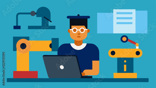 Training for a New Role A scene depicting a worker in a classroom setting learning to operate advanced machinery with a laptop and robotic systems representing the need for