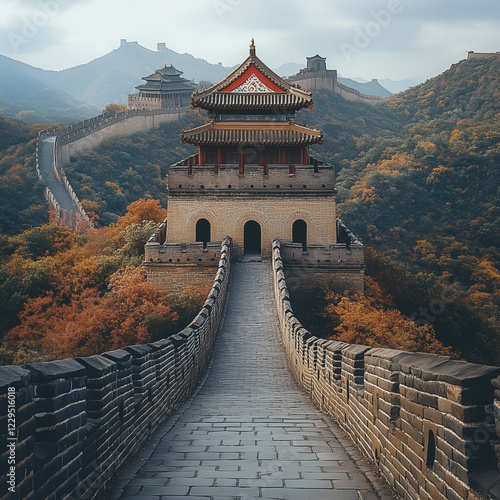 The Great Wall of China: A majestic view of the Great Wall of China stretching out across the vast landscape, with a watchtower standing tall in the foreground. photo