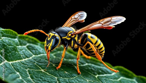 Intricate wasp macro on leaf with black background photo