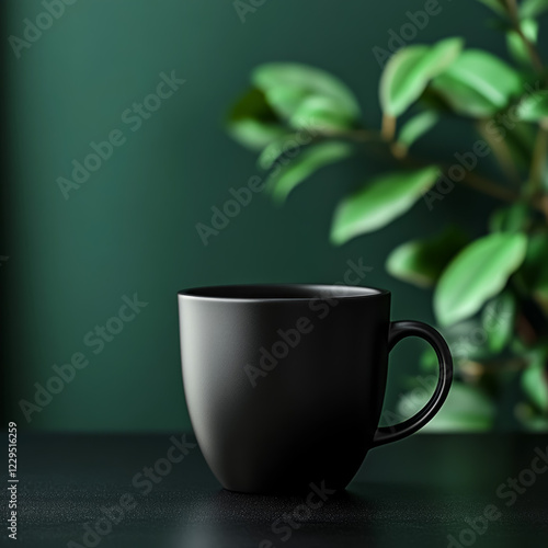 Minimalist black coffee cup on a dark table surrounded by lush green leaves, creating a harmonious atmosphere for coffee lovers and design enthusiasts photo