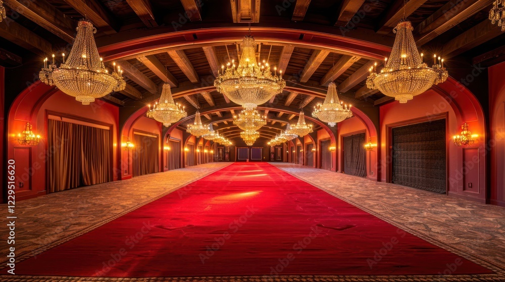 Obraz premium Elegant ballroom interior with chandeliers, red carpet, and decorative walls, perfect for events