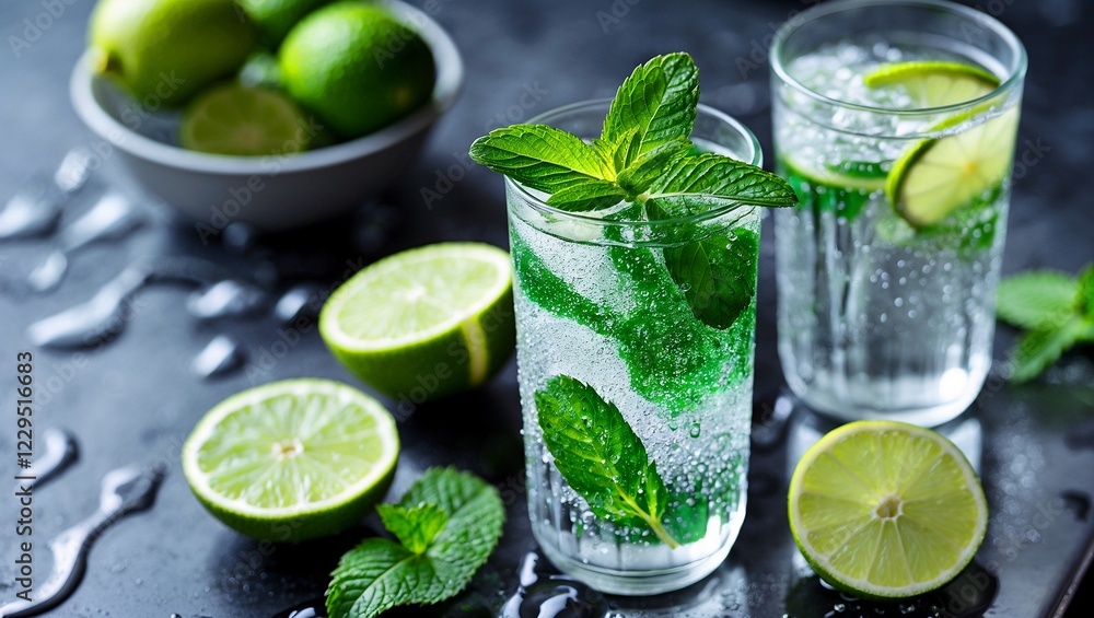 Fototapeta premium Invigorating mint lime sparkling water refreshment ideas