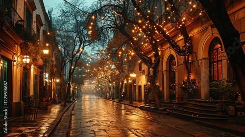 Mexico City in the very old times, all the streets adorned with festive with lights 