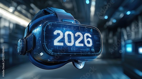 Futuristic virtual reality headset displaying the year 2026, set against a high-tech interior environment, suggesting advanced technology in use photo