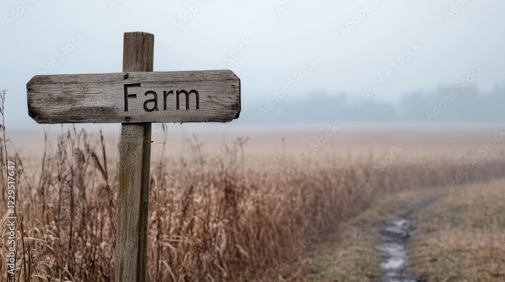A wooden sign with the word farm written on it is standing in a field of tall grass. The sign is surrounded by a desolate landscape, with no other signs or structures in sight A wooden sign with the word farm written on it is standing in a field of tall grass. The sign is surrounded by a desolate landscape, with no other signs or structures in sight