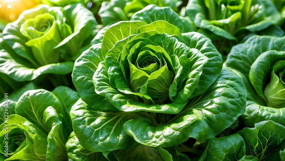 Fototapeta premium Lush green lettuce leaves bathed in sunlight