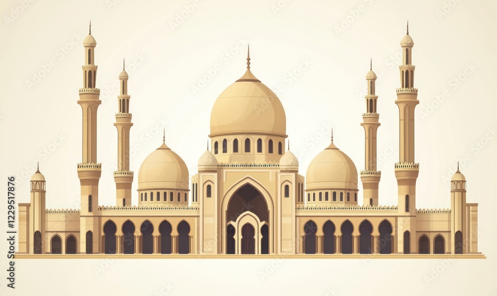 Obraz premium Grand mosque exterior with domes, minarets, arches, clear sky background, travel/culture illustration