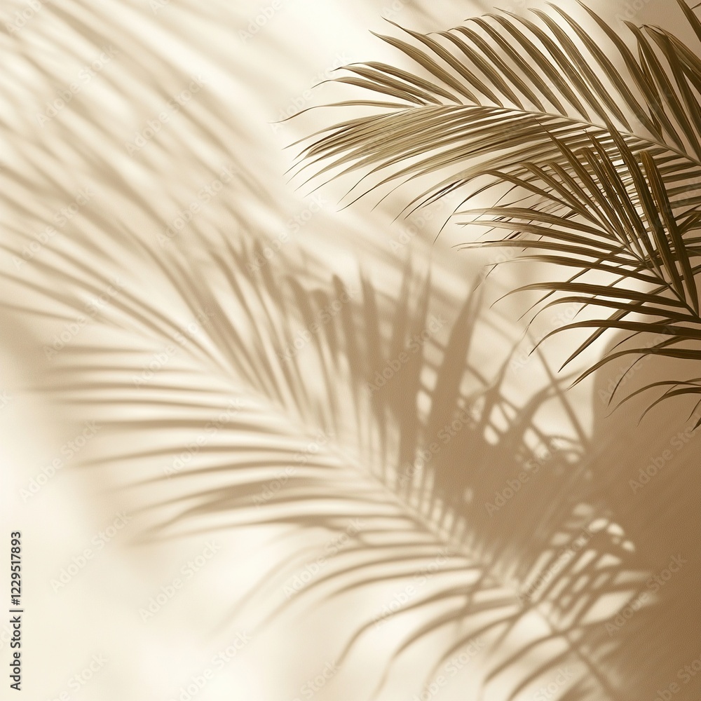 Obraz premium Elegant palm leaf shadows on beige wall background with tropical aesthetic and minimalist natural design