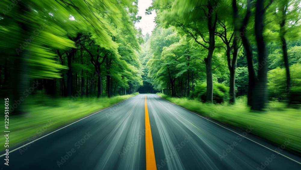 Obraz premium Lush green forest road in motion blur