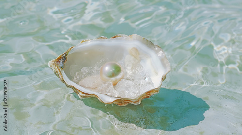 Oyster shell with pearl floating in clear turquoise water, realistic ocean scene, mother-of-pearl reflection