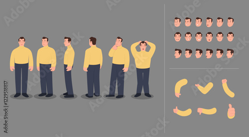 A Man Character Design Model Sheet with different poses and expressions. Vector illustration