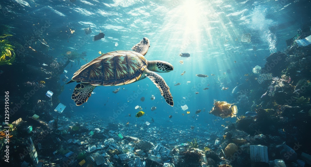 Fototapeta premium Majestic Sea Turtle Swimming in Ocean Surrounded by Marine Debris and Trash with Sunlight Filtering Through Water Surface Creating a Stunning Aquatic Scene