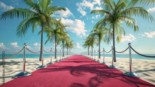 Fototapeta Naklejka Na Ścianę i Meble -  Scenic beach pathway lined with palm trees and red carpet leading to the ocean under a clear sky