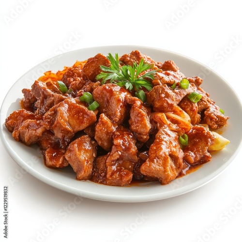 A plate of spicy pork bulgogi with kimchi, isolated white background, hyperrealism art style photo