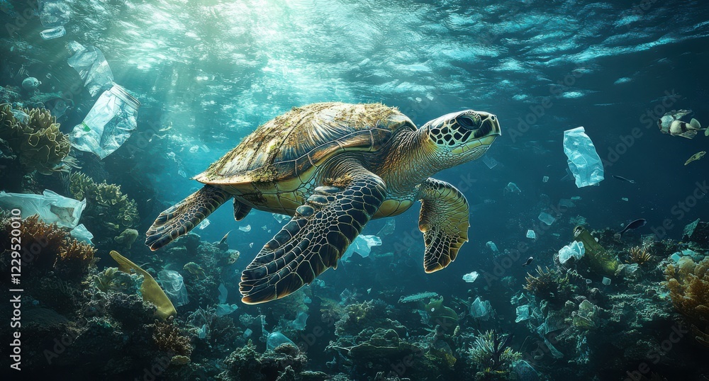 Obraz premium Majestic Sea Turtle Swimming Through Vibrant Coral Reef with Marine Litter and Clear Water Capturing Ocean's Beauty and Environmental Challenges