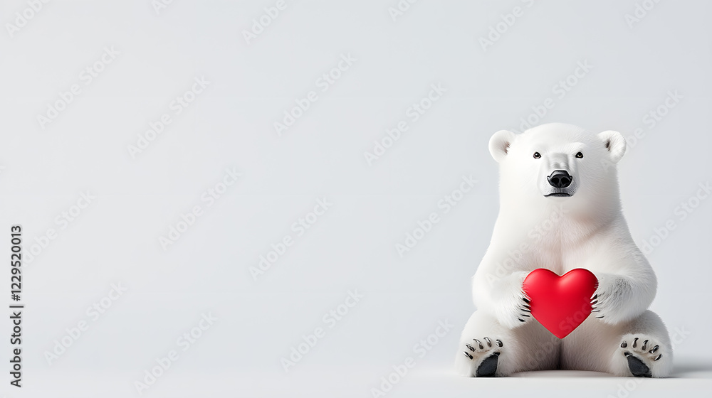 Cute white polar bear holding red heart, with copy space for text. Happy Valentine's Day Cute white polar bear holding red heart, with copy space for text. Happy Valentine's Day