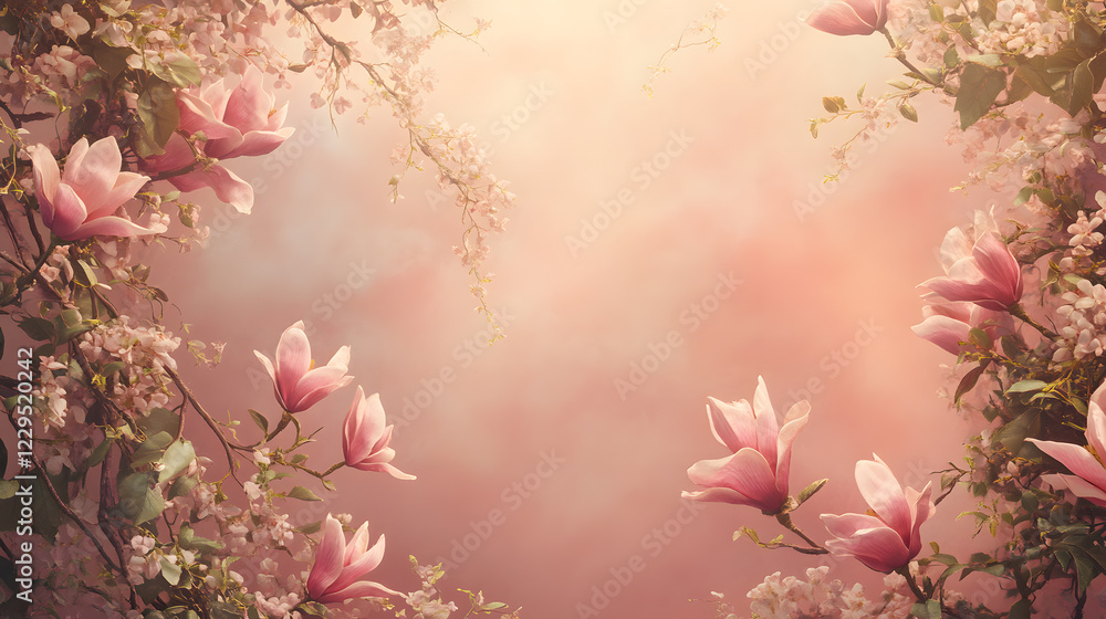 Fototapeta premium romantic circle of pink magnolias and green ivy creates serene and dreamy atmosphere, with soft light enhancing delicate petals and lush foliage