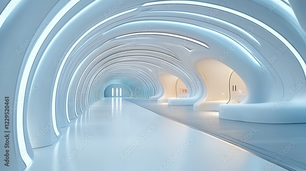 Obraz premium A sleek, futuristic tunnel bathed in neon blue and icy white lights, with smooth reflective surfaces and a distant glowing exit