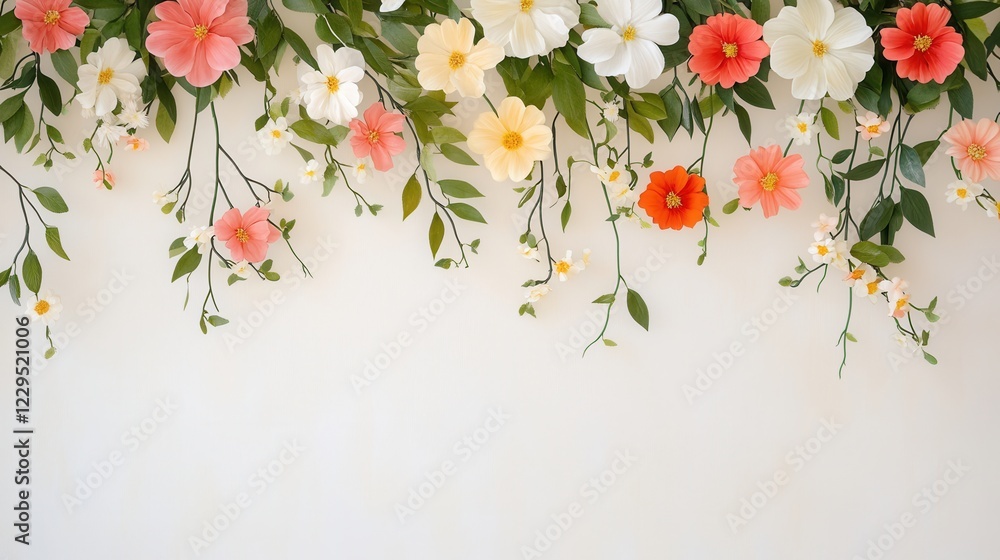 Cascading garlands of vibrant red, pink, yellow, and white flowers intertwined with lush green leaves, hanging on a light ivory background Cascading garlands of vibrant red, pink, yellow, and white flowers intertwined with lush green leaves, hanging on a light ivory background