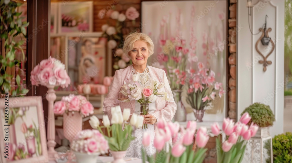 Charming Elderly Florist Woman in Flower Shop with Bouquet. Charming Elderly Florist Woman in Flower Shop with Bouquet.