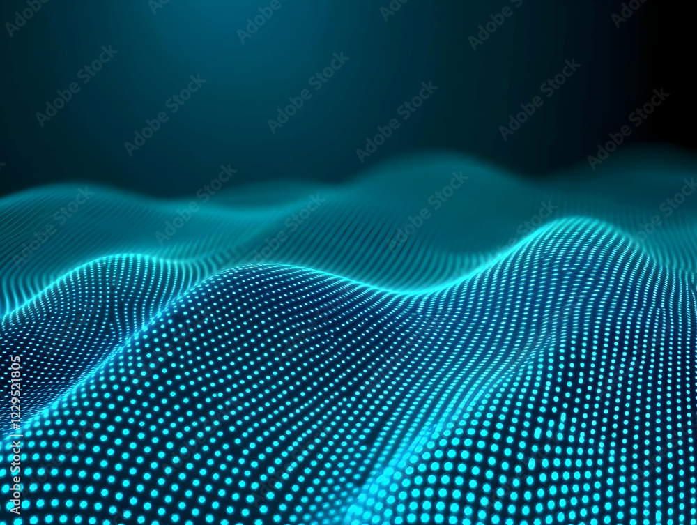 Abstract 3D Blue Wavy Dotted Surface Creates a Futuristic Landscape with Digital Effect. Abstract 3D Blue Wavy Dotted Surface Creates a Futuristic Landscape with Digital Effect.