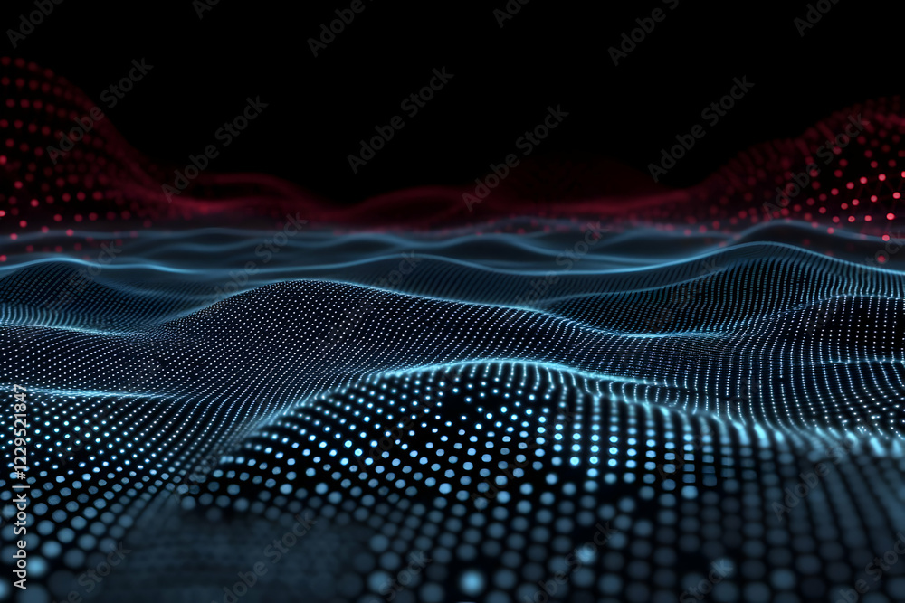 Abstract 3D Landscape Forms a Wavy Surface with Glowing Dots in Blue and Red Hues on a Black Background. Abstract 3D Landscape Forms a Wavy Surface with Glowing Dots in Blue and Red Hues on a Black Background.