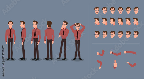 A Man Character Design Model Sheet with different poses and expressions. Vector illustrations
