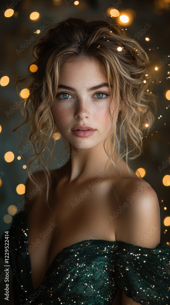 Elegant Woman in Green Sparkling Dress with Bokeh Light Background Elegant Woman in Green Sparkling Dress with Bokeh Light Background