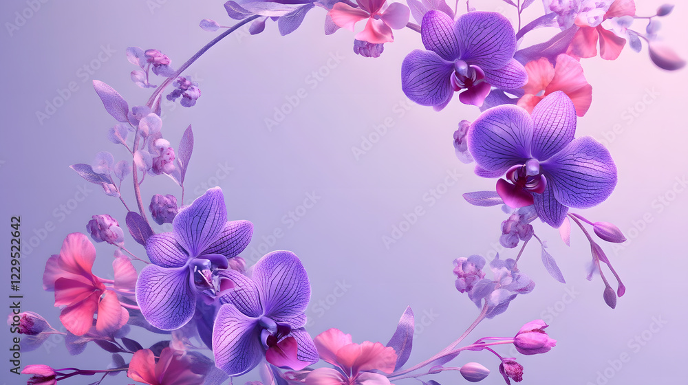floral circle of purple orchids and pink carnations creates delicate and elegant design, showcasing vibrant colors and intricate details against soft background floral circle of purple orchids and pink carnations creates delicate and elegant design, showcasing vibrant colors and intricate details against soft background
