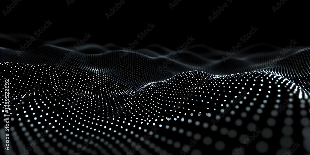 Abstract 3D landscape forms undulating waves of glowing dots across a dark background smoothly and seamlessly. Abstract 3D landscape forms undulating waves of glowing dots across a dark background smoothly and seamlessly.