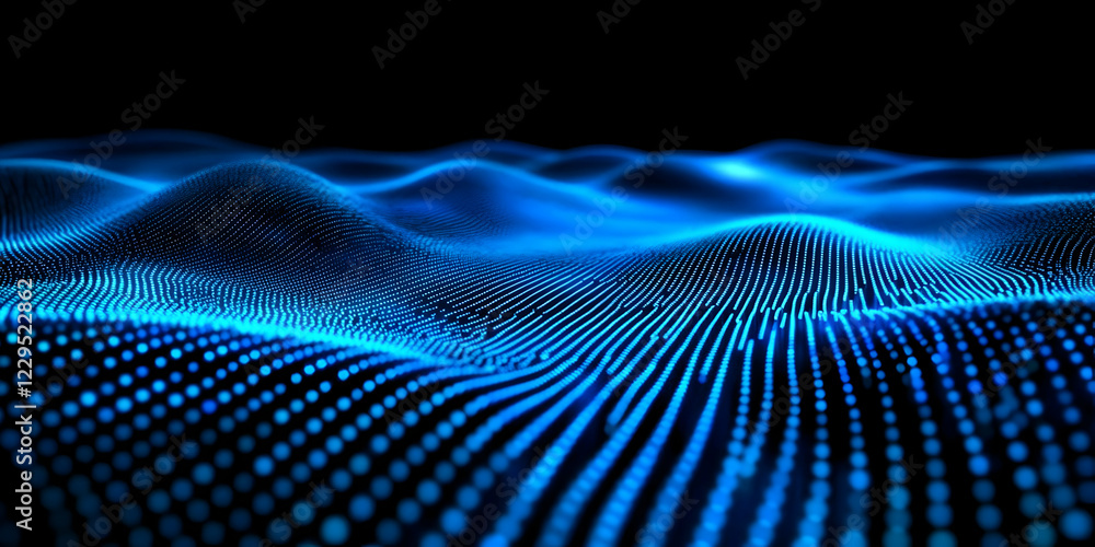 Abstract blue digital wave particles flow smoothly on a dark background for technology concept.