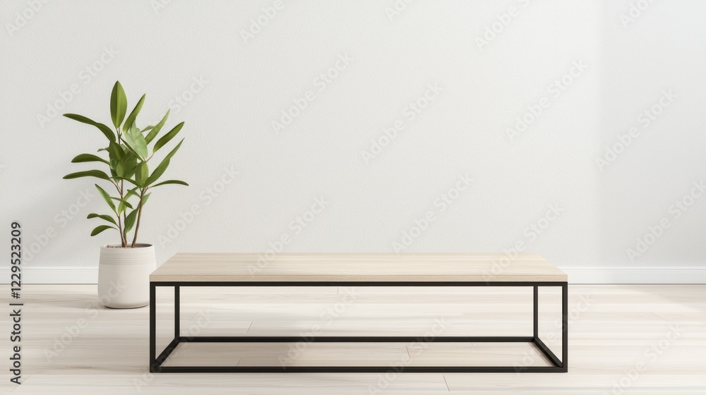 Modern Minimalist Coffee Table with Plant in Light Interior Modern Minimalist Coffee Table with Plant in Light Interior