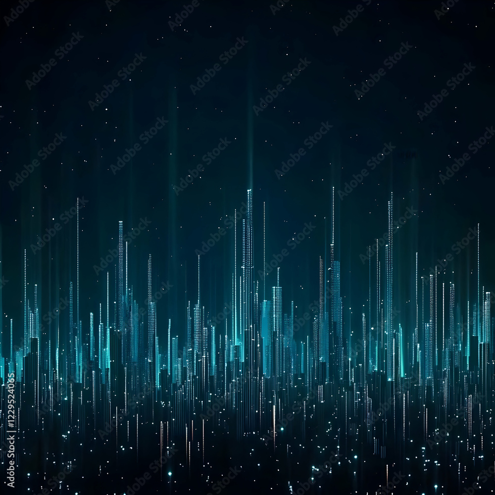 Abstract Cityscape Illustration Shows Futuristic Buildings at Night with Glowing Lights Abstract Cityscape Illustration Shows Futuristic Buildings at Night with Glowing Lights