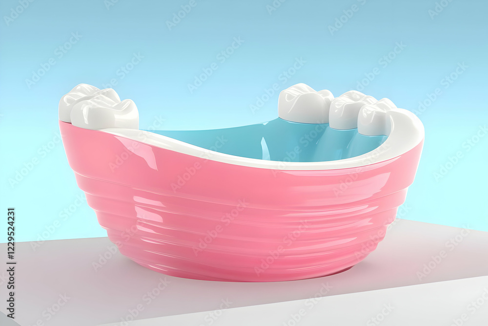 3D Illustration of Teeth and Gums with Blue Liquid Showing Oral Hygiene on a Blue Background 3D Illustration of Teeth and Gums with Blue Liquid Showing Oral Hygiene on a Blue Background