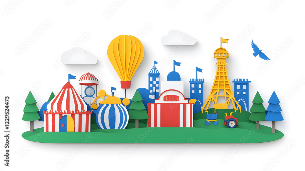 Kids amusement park Illustration in paper cut style illustration isolated on white background Kids amusement park Illustration in paper cut style illustration isolated on white background