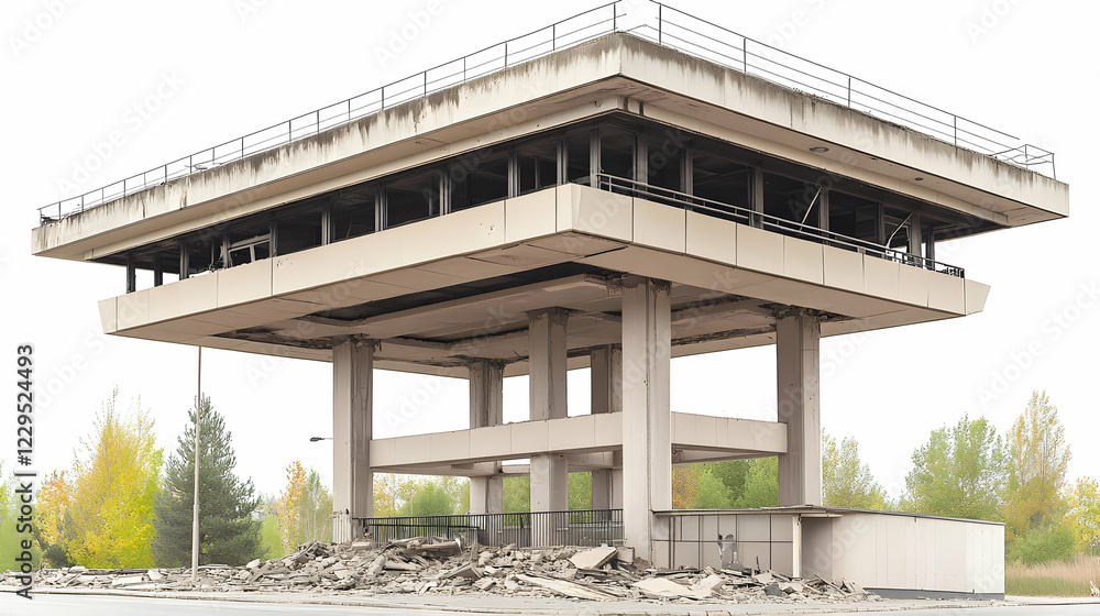 Dilapidated Building Stands on Concrete Pillars with Debris Below and Trees Behind Dilapidated Building Stands on Concrete Pillars with Debris Below and Trees Behind