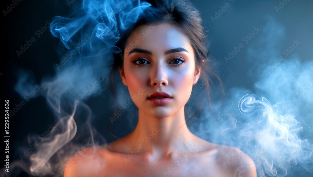 Mysterious woman enveloped in ethereal smoke and light Mysterious woman enveloped in ethereal smoke and light