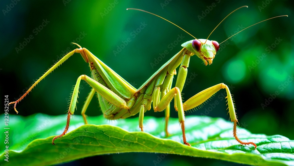 Praying mantis camouflaged on leaf in lush greenery Praying mantis camouflaged on leaf in lush greenery