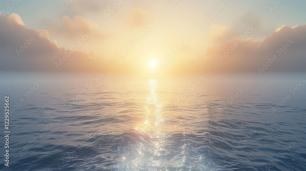 Fototapeta premium Serene sunrise over calm ocean waters with gentle waves and soft clouds in the background