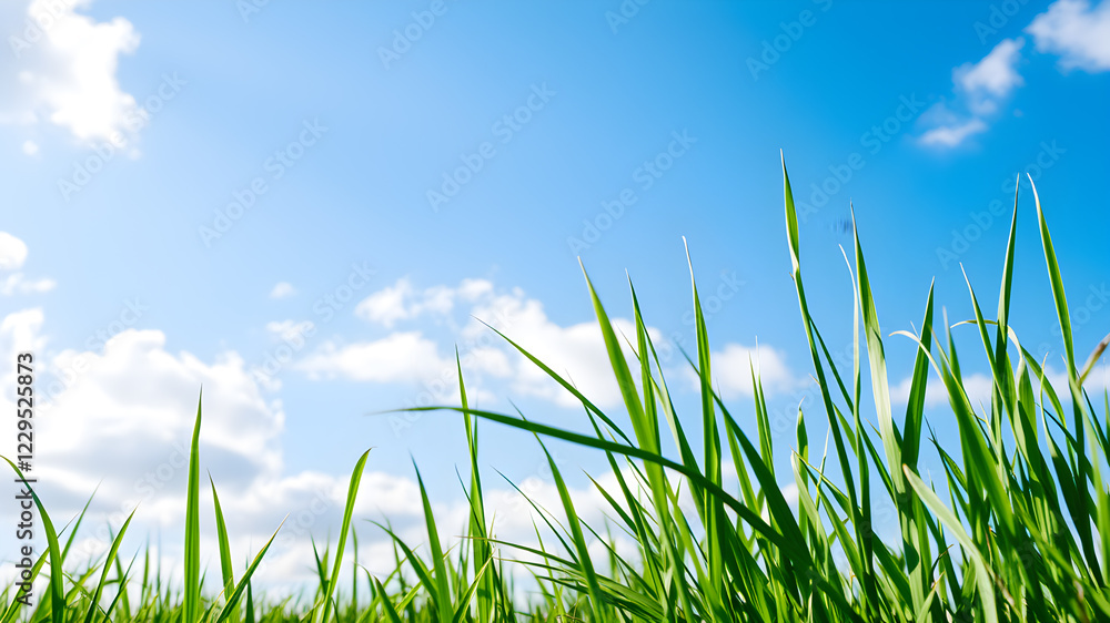 Fototapeta premium Green grass and blue sky with white clouds