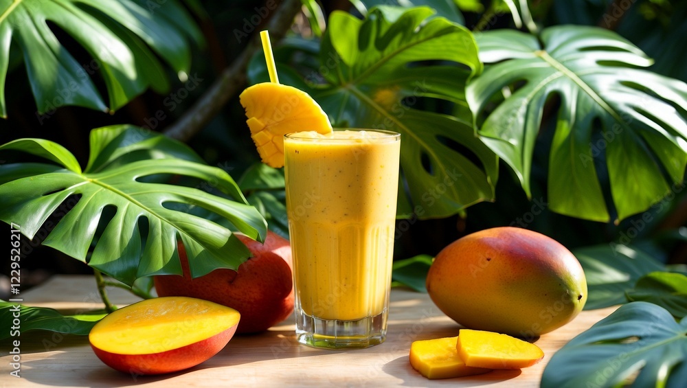 Fototapeta premium Refreshing mango smoothie surrounded by tropical leaves